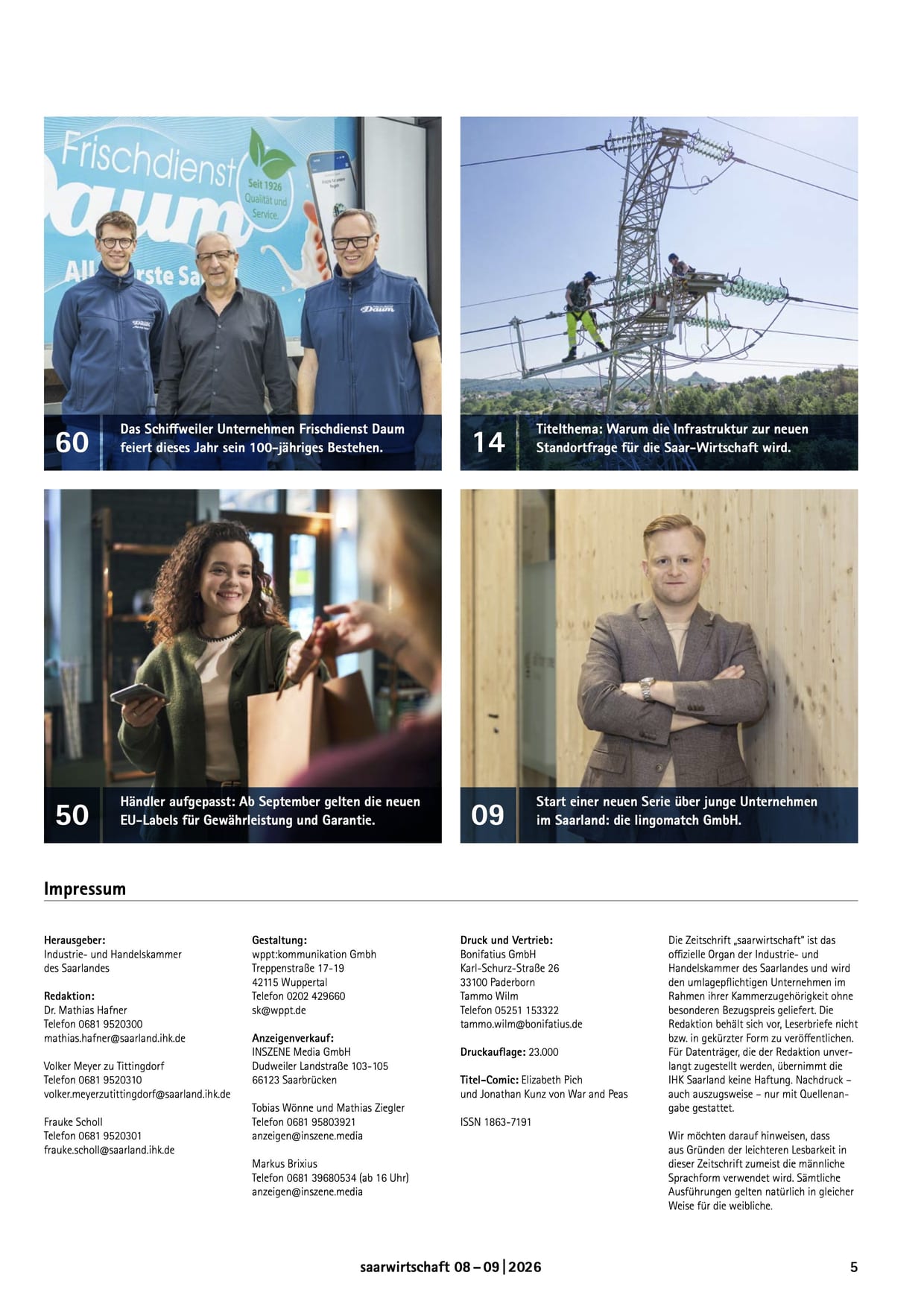 Overview page on printed page 5 of saarwirtschaft, announcing the report on lingomatch